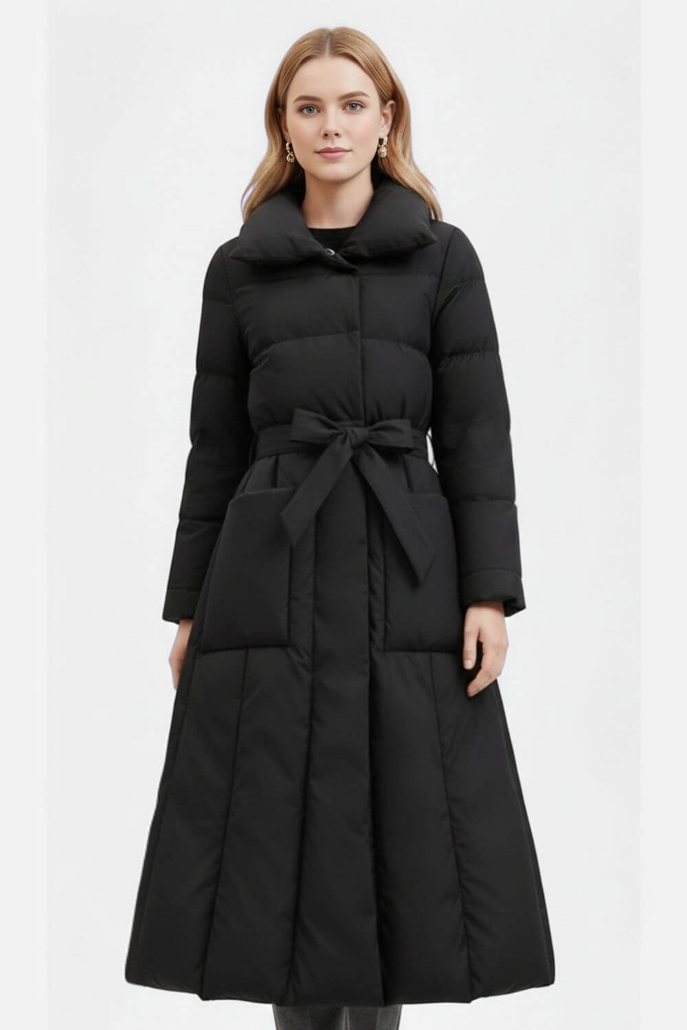 Caurelle | Women’s Long Belted Puffer Coat – Elegant Winter Silhouette