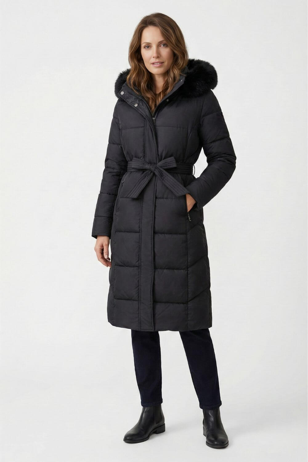 Caurelle | Women’s Black Long Belted Faux Fur Puffer Coat