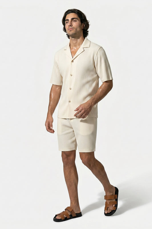Men's Ribbed Knit Resort Shirt and Shorts set with Camp Collar