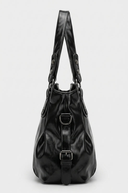 Women's Large Capacity Leather Shoulder Bag with Buckle Handle