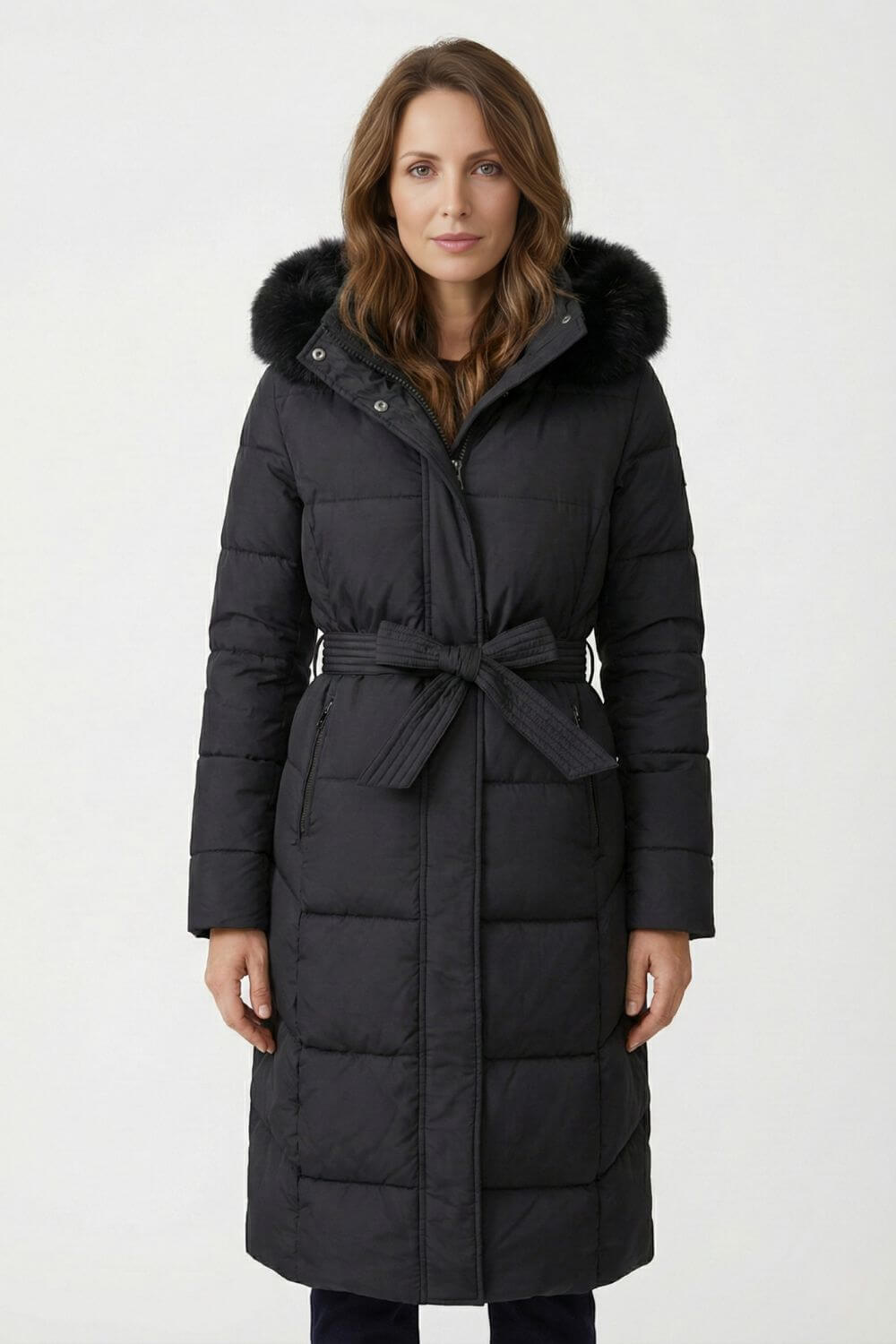 Caurelle | Women’s Black Long Belted Faux Fur Puffer Coat