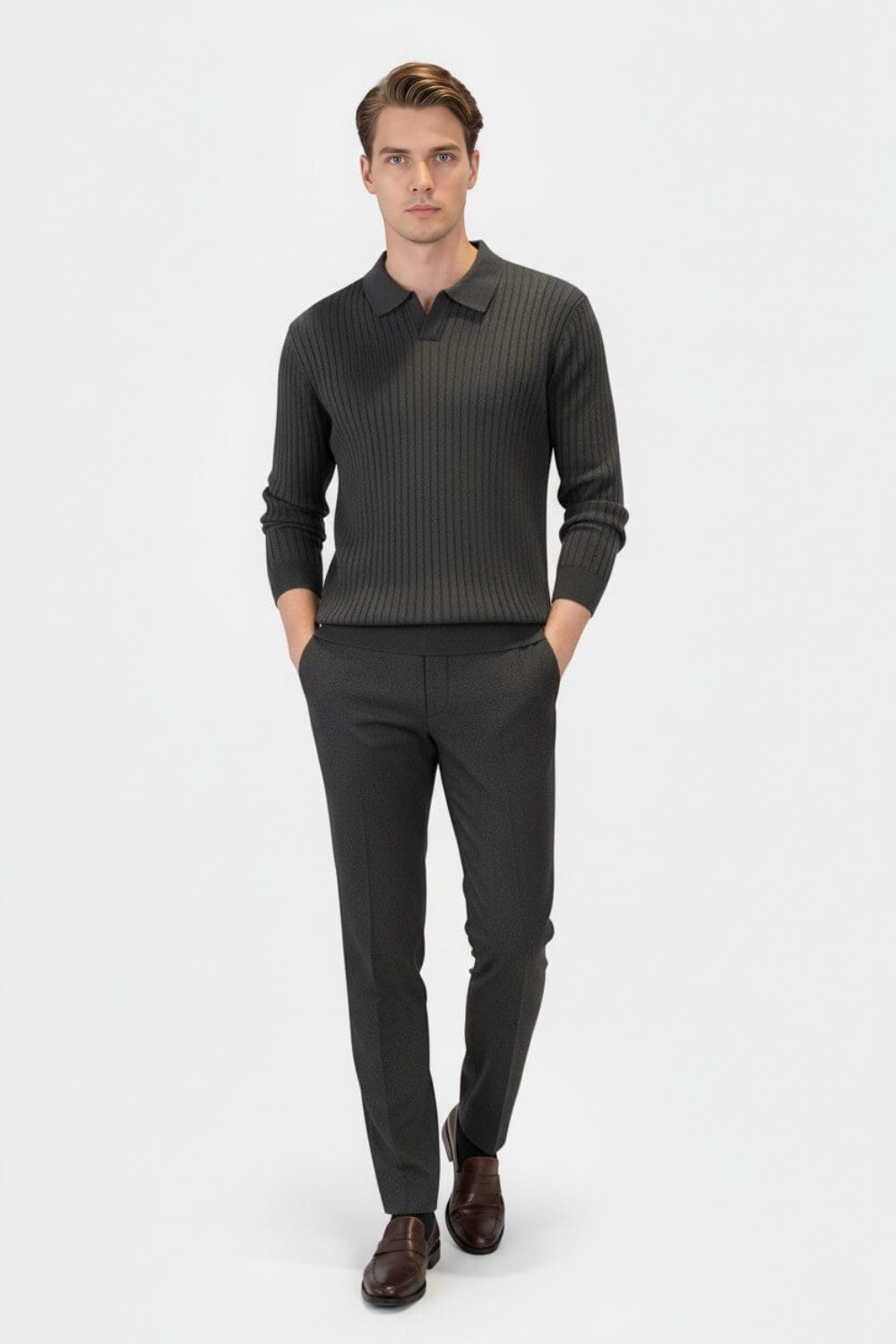 Caurelle | Men’s Knitted V-Neck Jumper – Polo Collar Autumn Winter