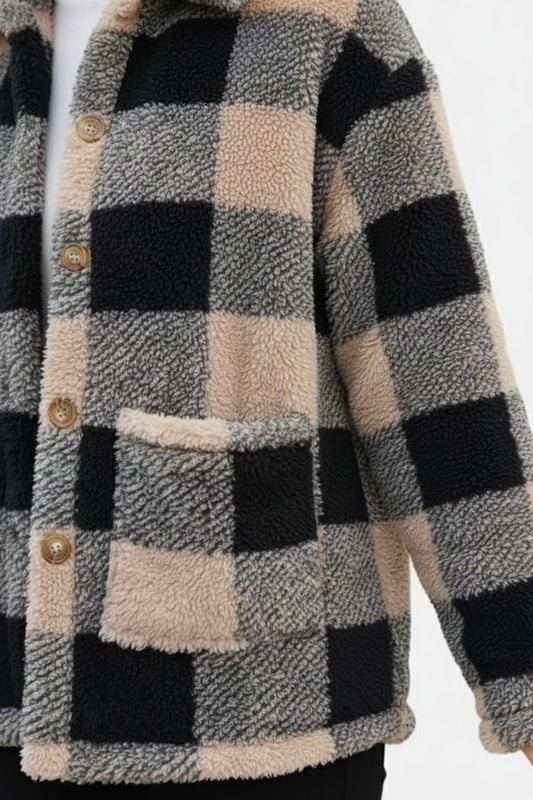 Caurelle | Women’s Plaid Teddy Coat with Patched Pockets – Autumn/Winter Outerwear