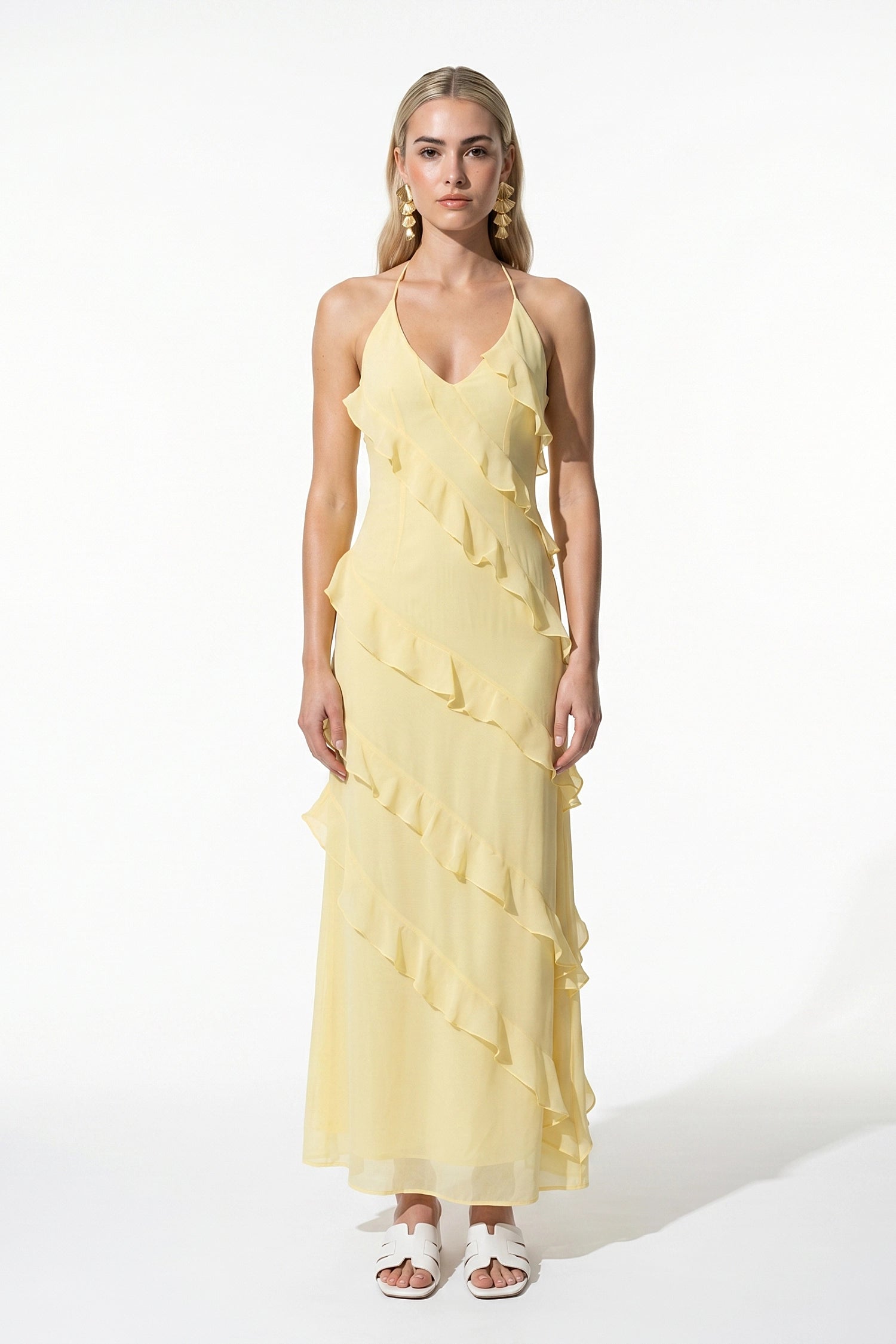Women's Halter Neck Ruffle Maxi Dress – Elegant Sleeveless Summer Occasion Dress
