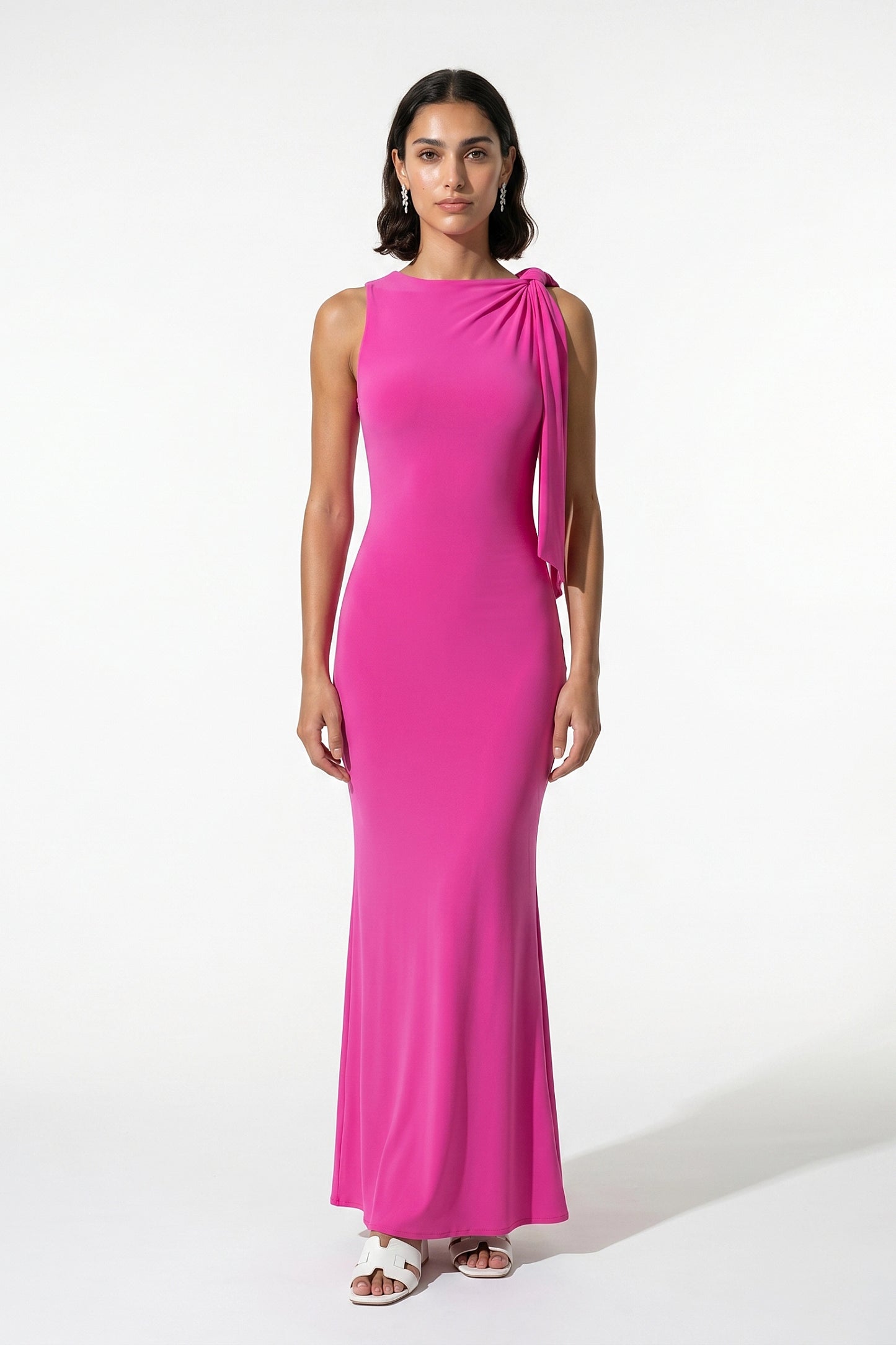 Women's Bodycon Maxi Dress Sleeveless Boat Neck Shoulder Scarf Evening Dress