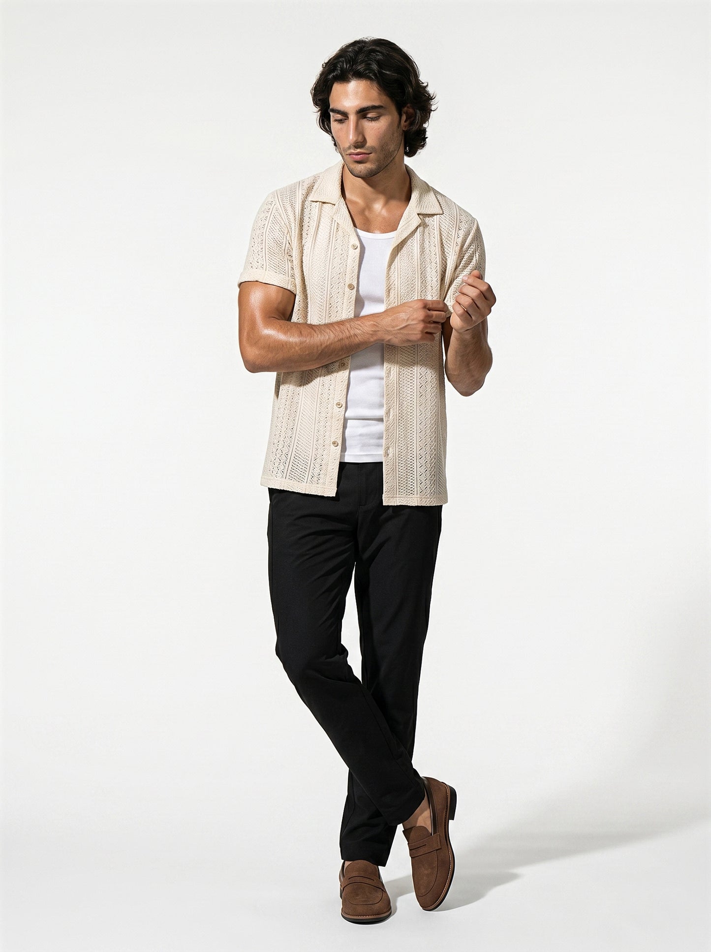 Caurelle | Men’s Jacquard Knit Cuban Collar Polo Shirt