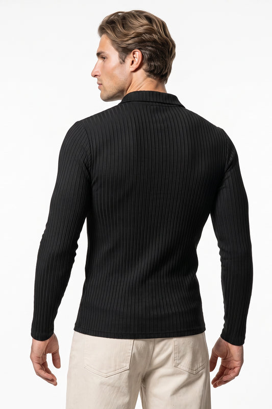 Men’s Winter Comfortable Quarter Zip Ribbed Knit Long Sleeve Polo