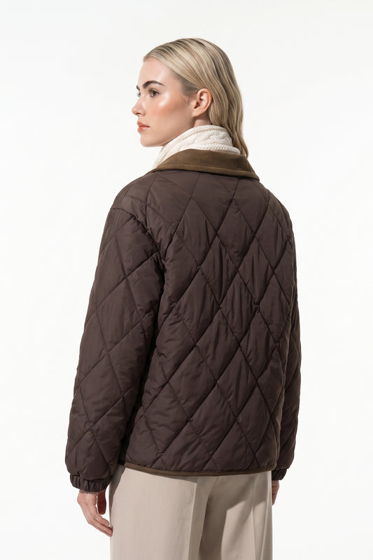 Women's Diamond Quilted Puffer Jacket with Corduroy Collar