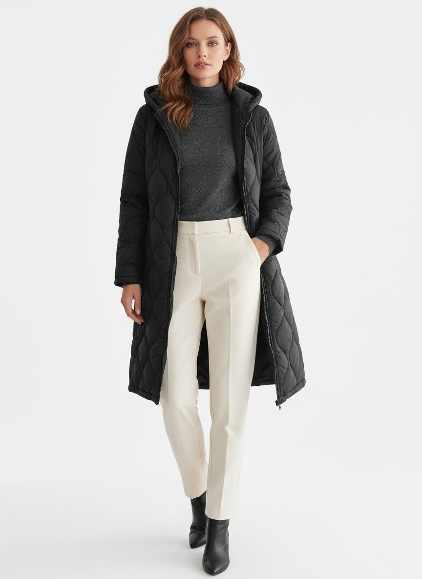 Caurelle | Women’s Black Long Quilted Puffer Coat – Refined Warmth in Classic Form