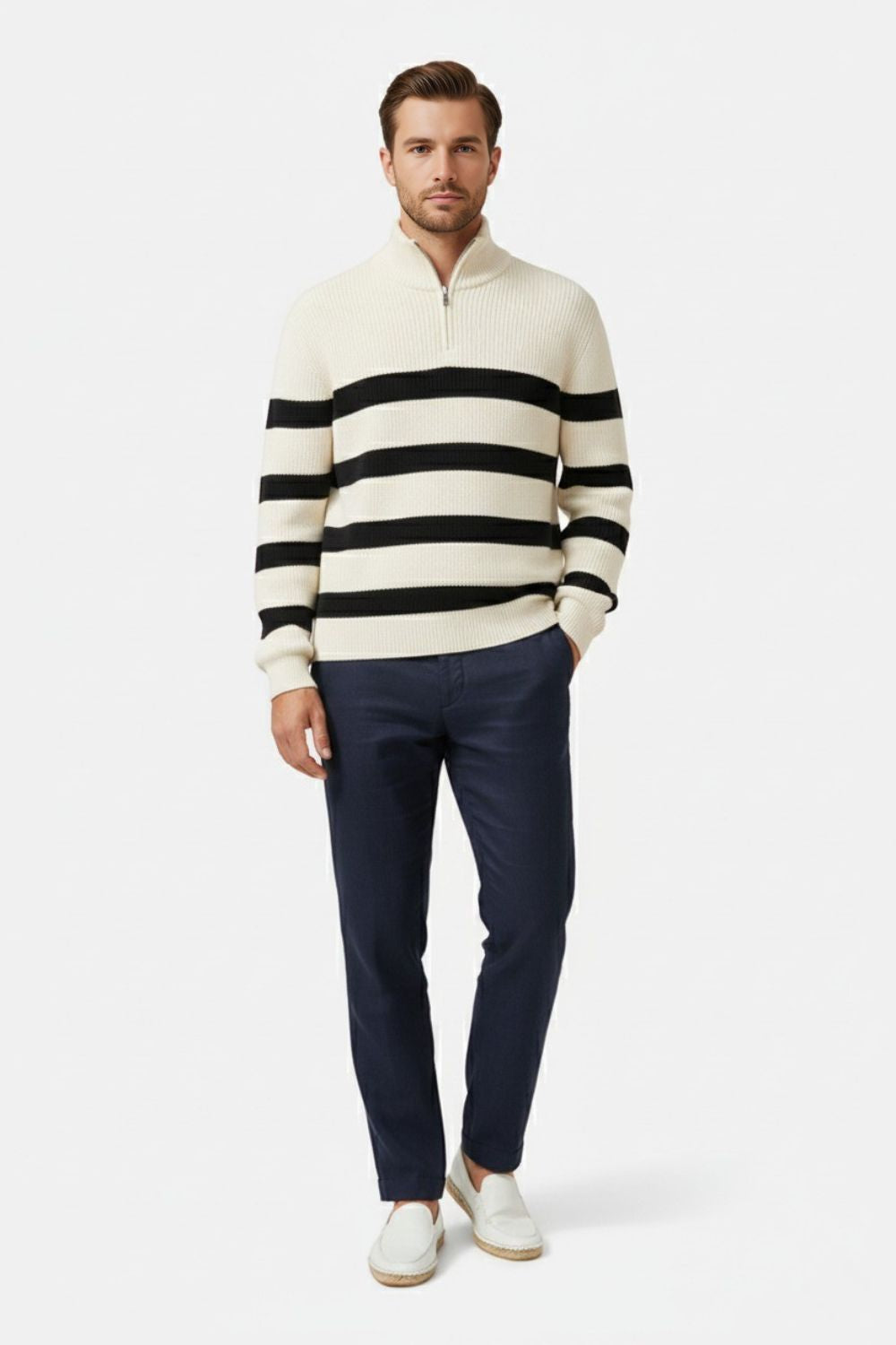 Caurelle | Men’s Knitted Jumper – Striped Half-Zip Pullover