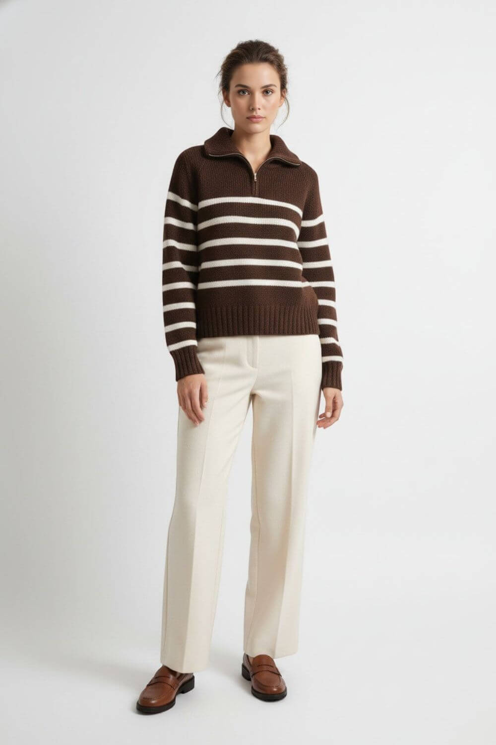 Caurelle | Women’s Roll Neck Jumper – Striped Half-Zip Contrast Collar