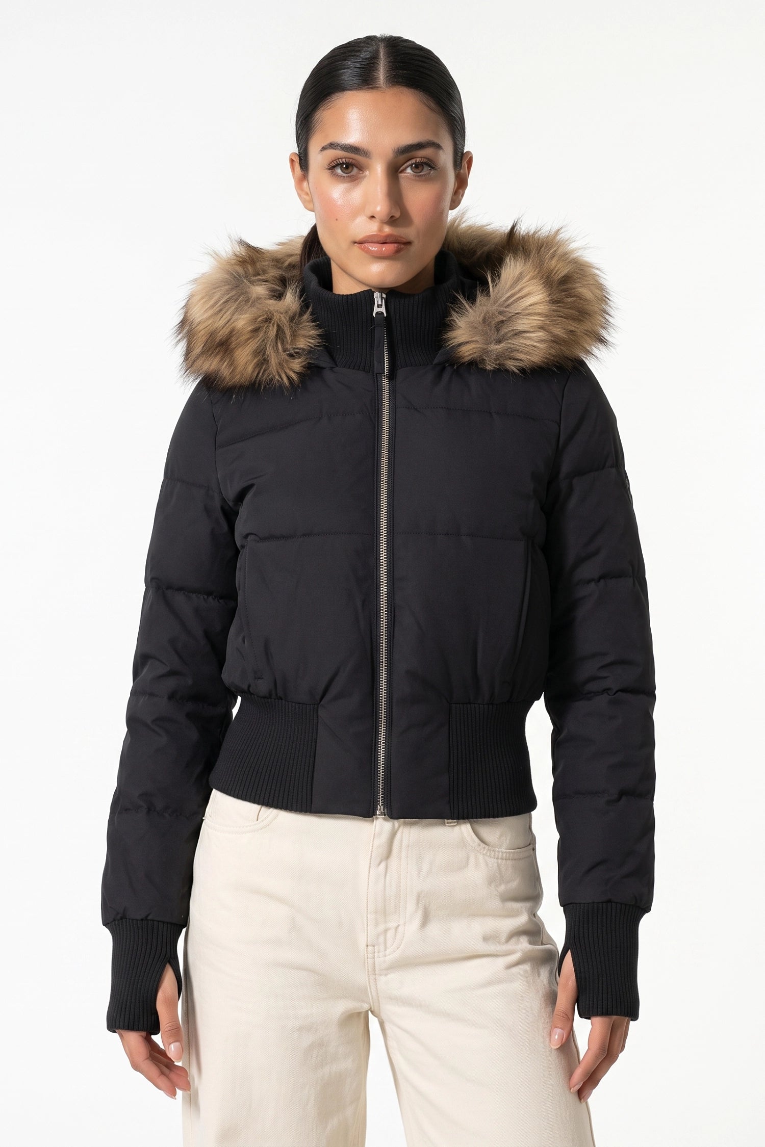 Women’s Winter Warm Cropped Puffer Jacket with Fur Trim Hood