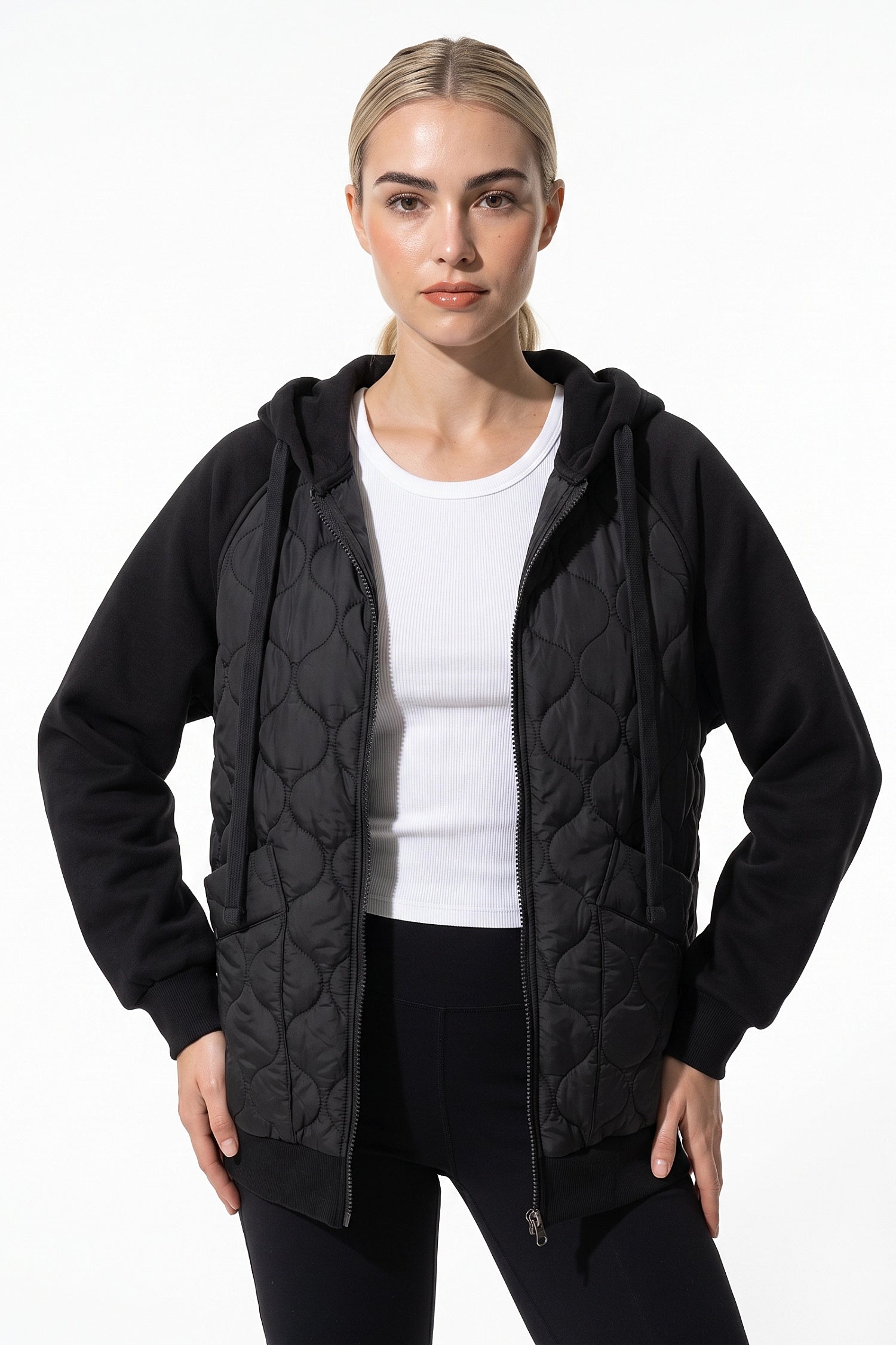 Women's Winter Warm Hooded Diamond Quilted Jacket with Soft Knit Sleeves