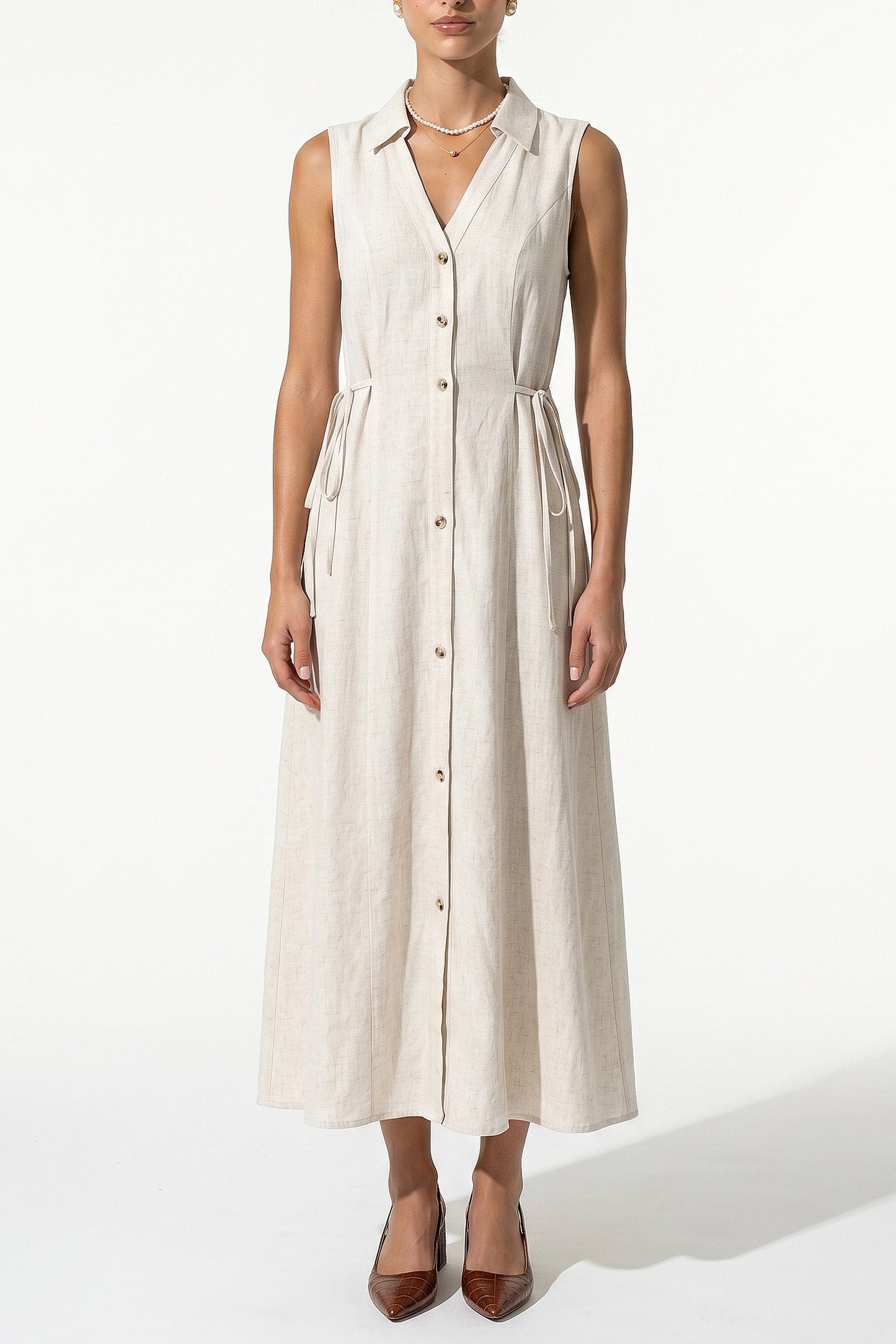 Women's Linen Blend Collared Sleeveless Midi Dress Button Front Tie Waist