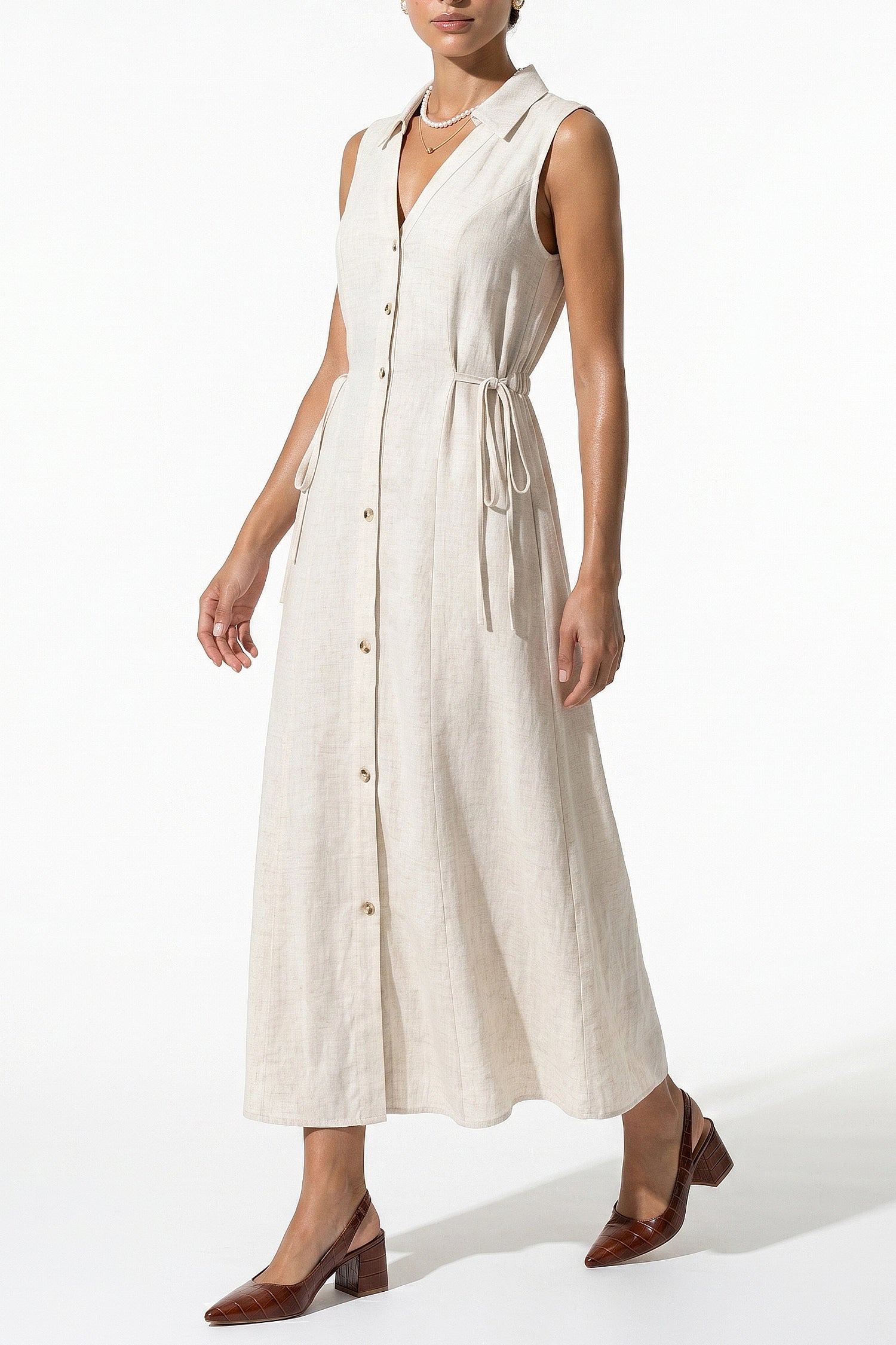 Women's Linen Blend Collared Sleeveless Midi Dress Button Front Tie Waist