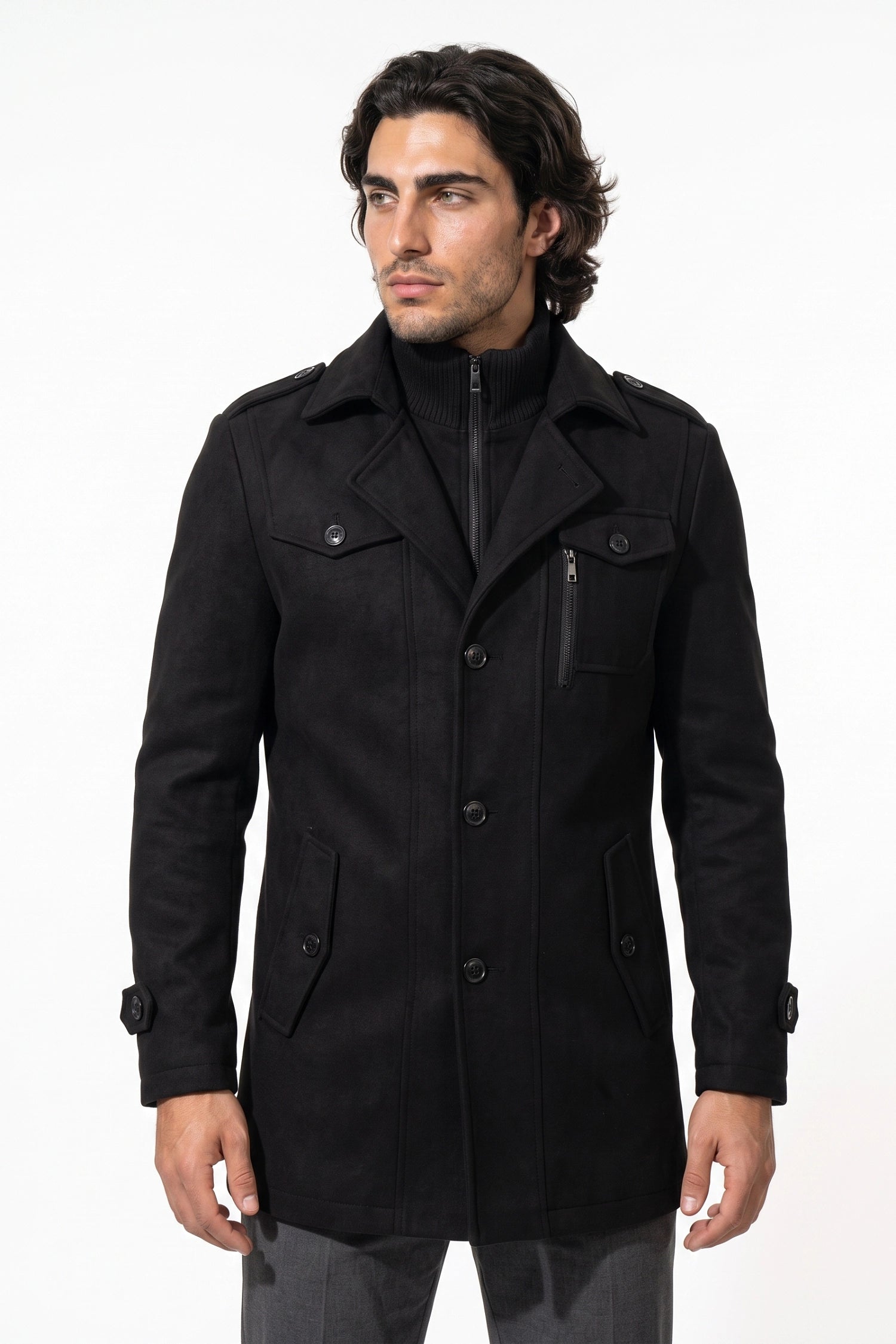 Men’s Winter Warm Mid Length Wool Coat with Layered Zip Front and Stand Collar