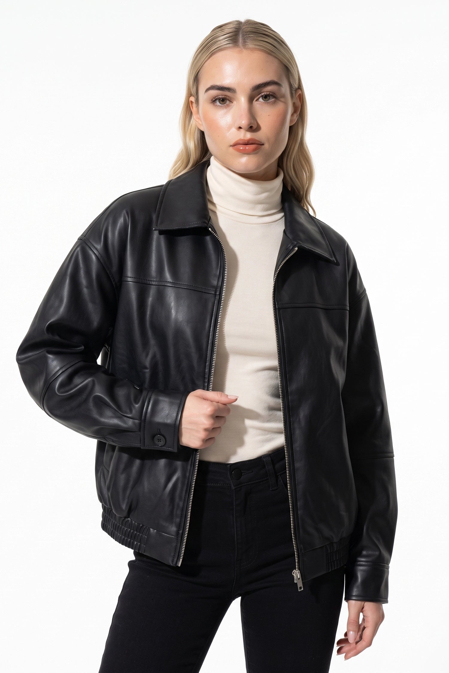 Women’s Winter Versatile Black Oversized Leather Jacket