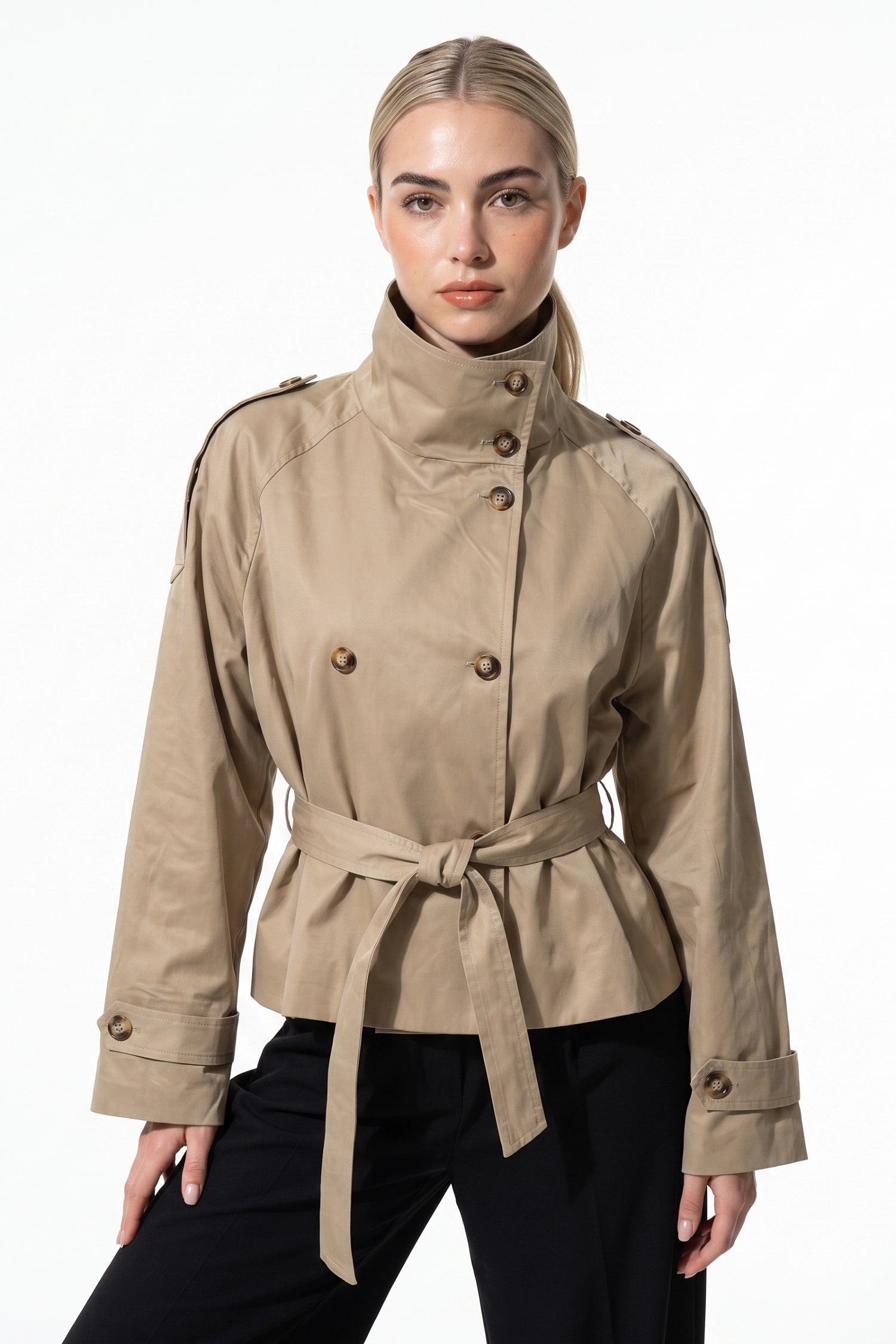 Women's Winter Lightweight Khaki Cropped Trench Coat with Belted Waist