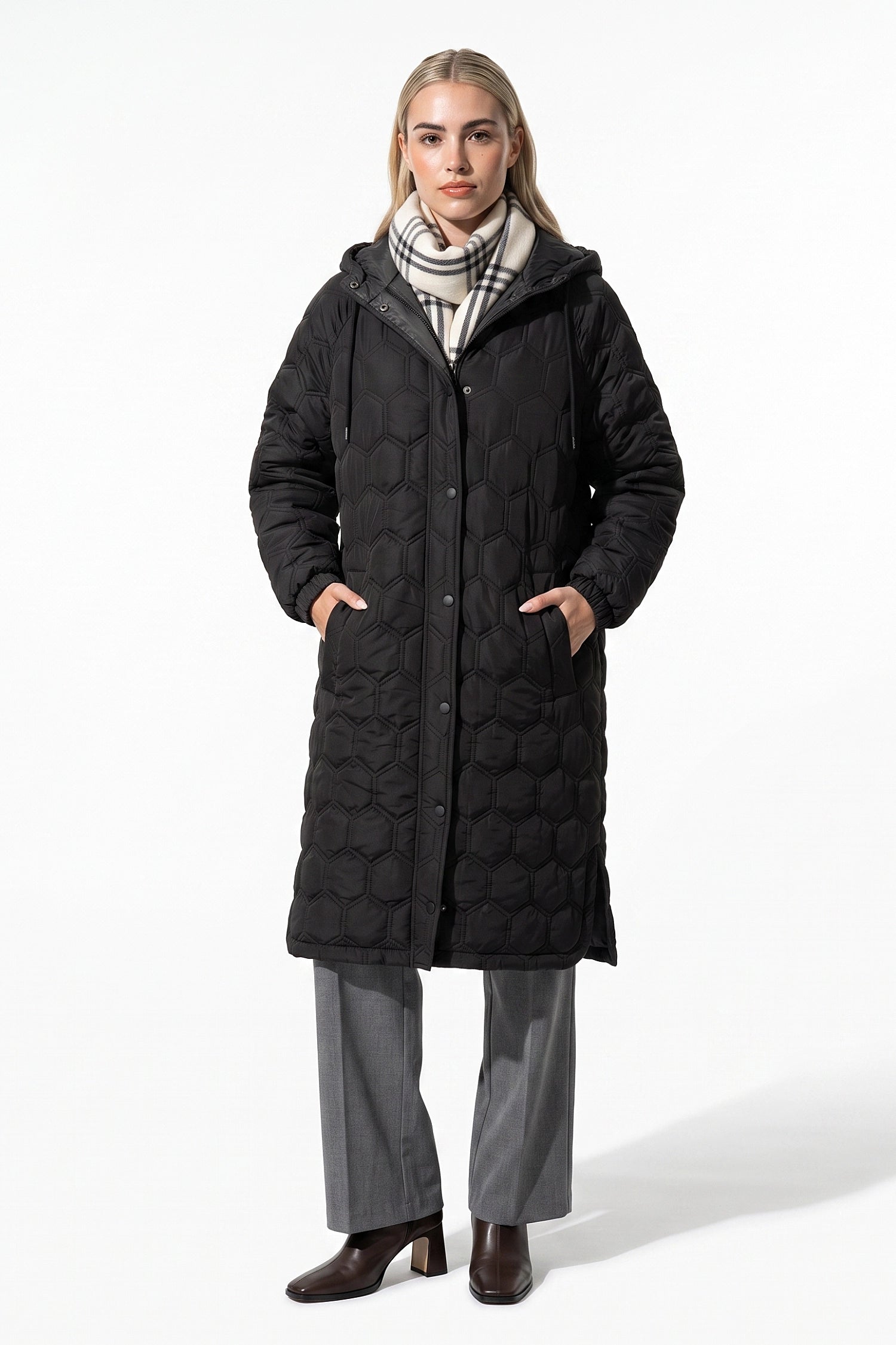 Women’s Winter Warm Longline Quilted Puffer Coat with Hood and Full Zip Front