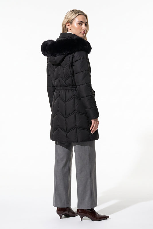 Women’s Winter Warm Longline Faux Fur Hood Puffer Coat with Adjustable Waist