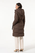 Women's Winter Warm Longline Puffer Coat with Hood and Waist Belt