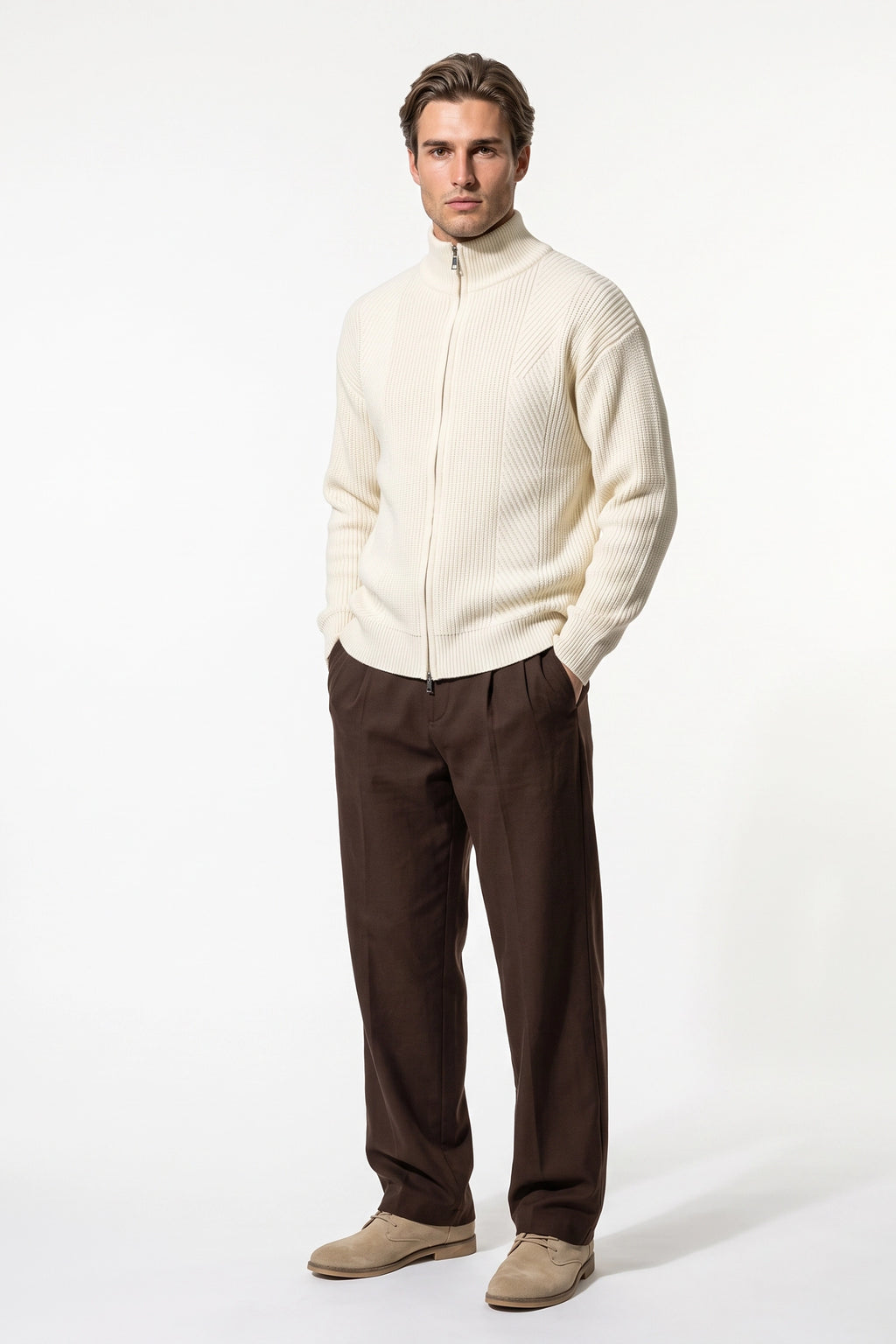 Men’s Winter Warm Textured Knitted Cardigan Stand Collar Full Zip