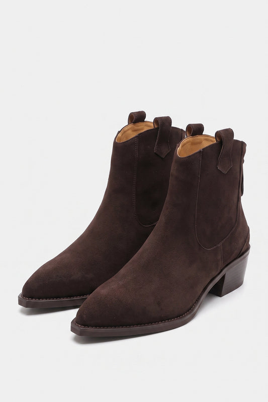 Women’s Warm Suede Pointed Toe Western Ankle Boots with Back Zip