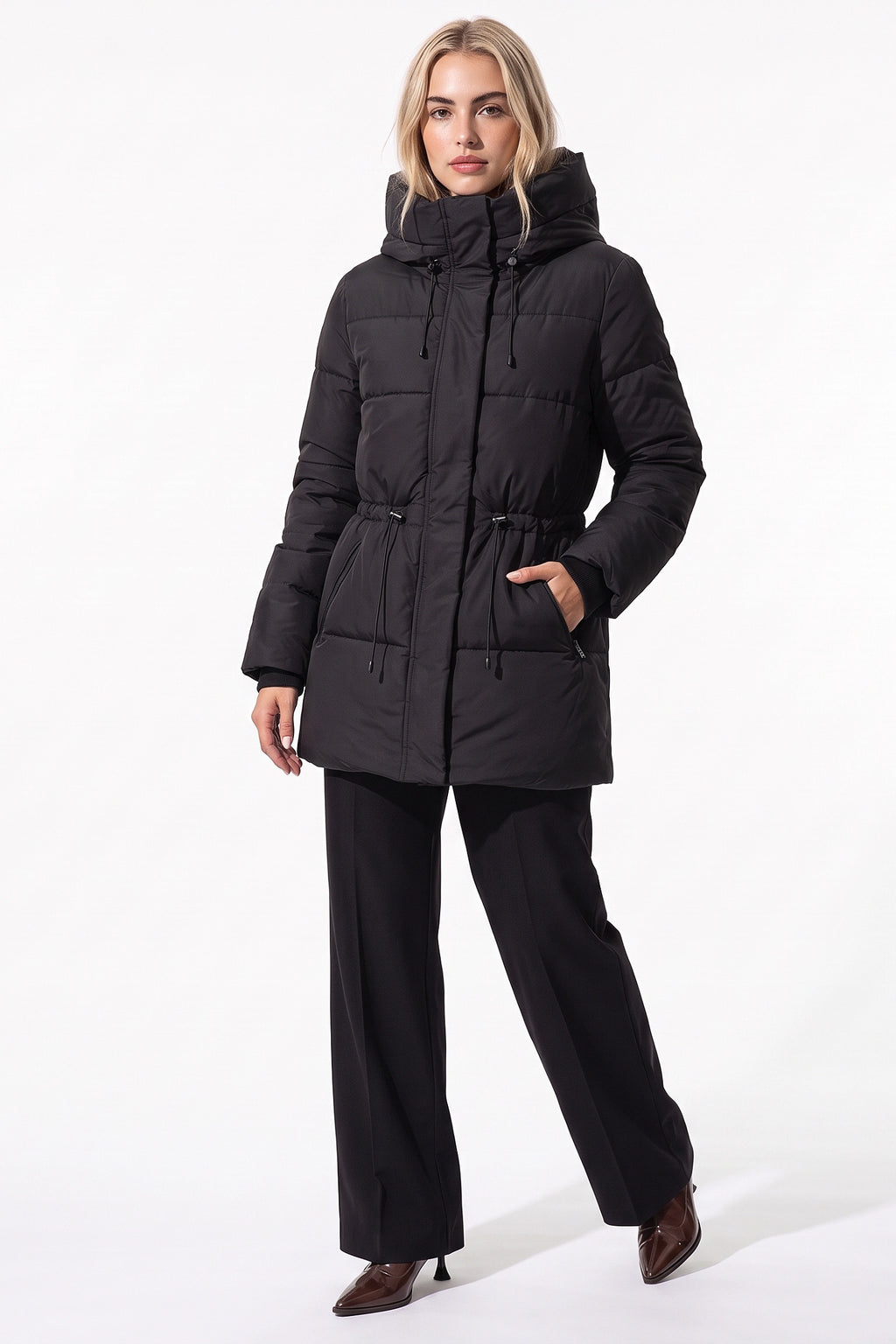 Women’s Winter Warm Hooded Long Puffer Jacket with Adjustable Waist