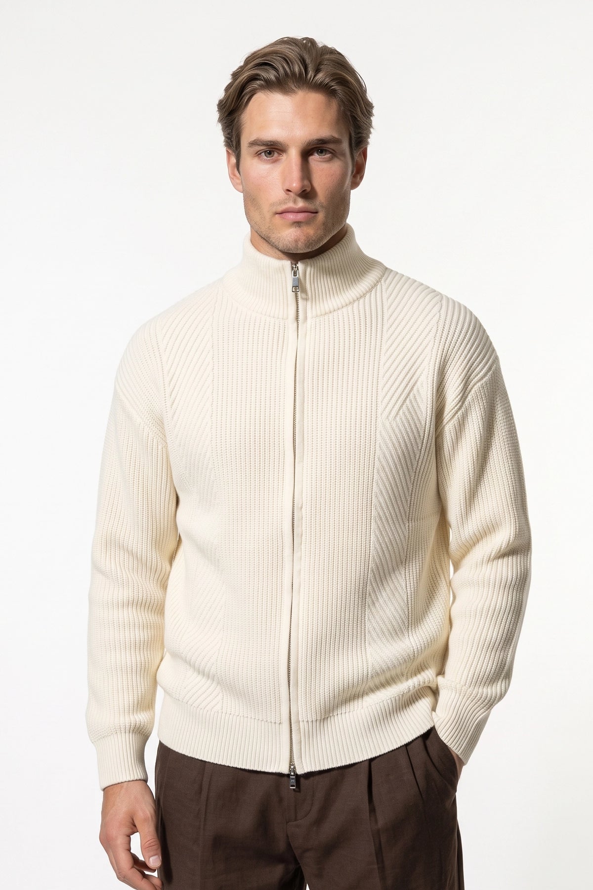 Men’s Winter Warm Textured Knitted Cardigan Stand Collar Full Zip