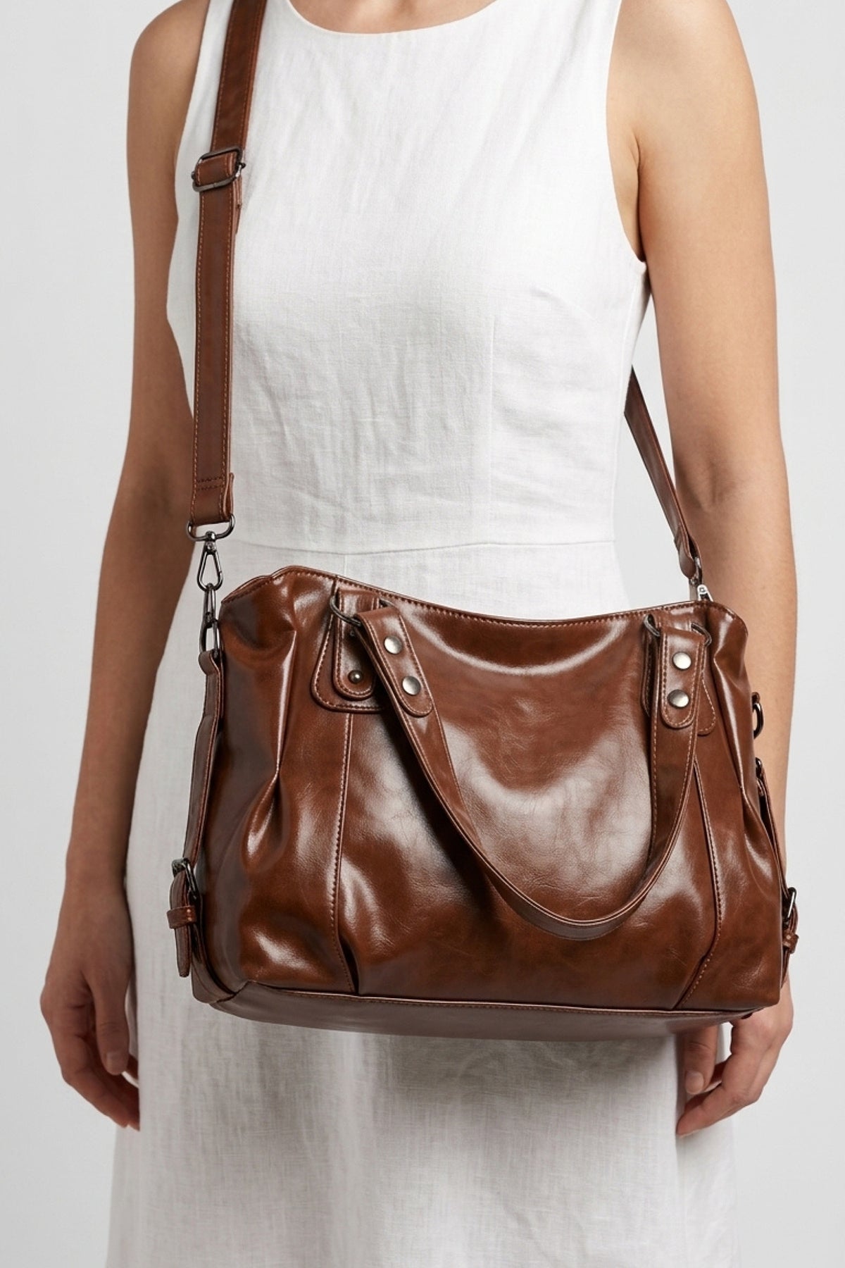 Women's Large Capacity Leather Shoulder Bag with Buckle Handle