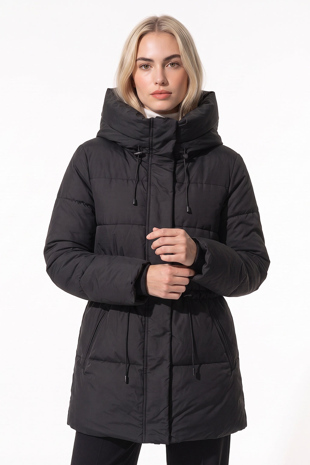 Women’s Winter Warm Hooded Long Puffer Jacket with Adjustable Waist