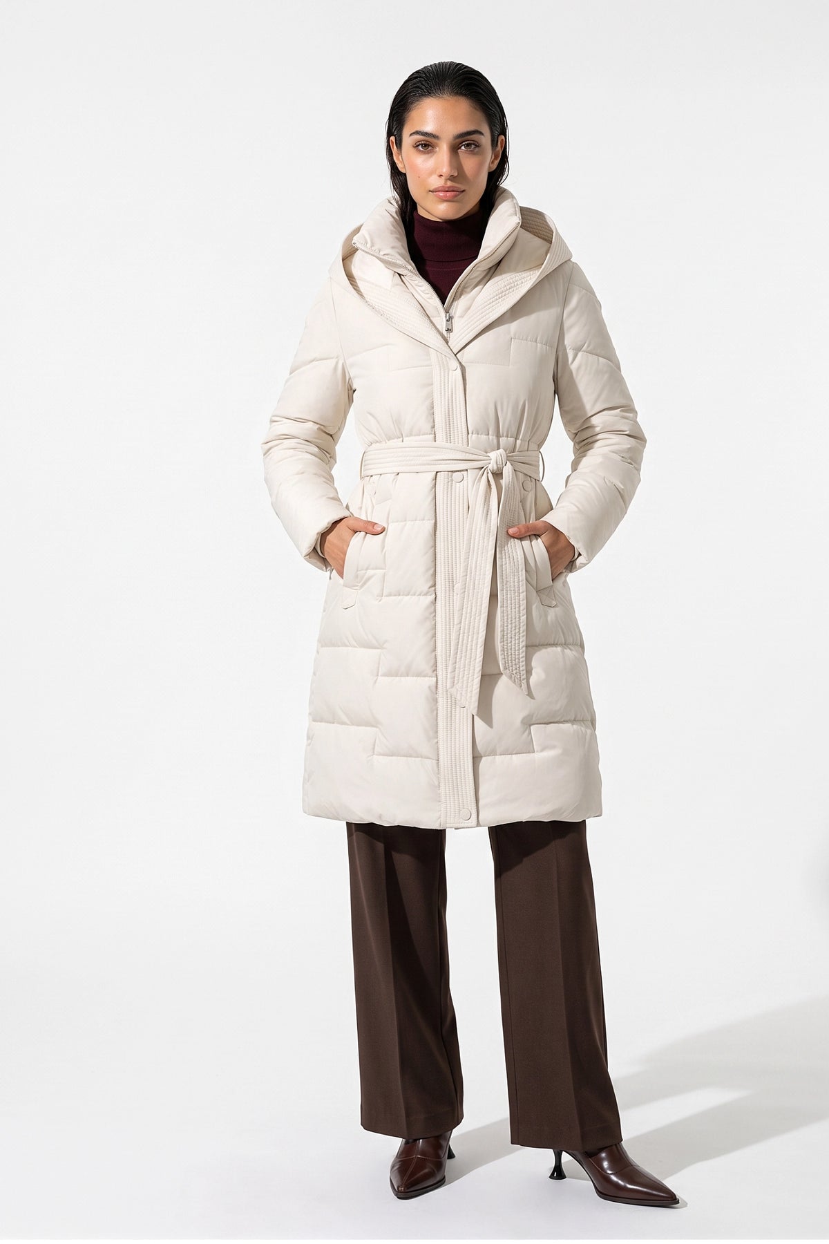 Women's Winter Warm Longline Puffer Coat with Hood and Waist Belt