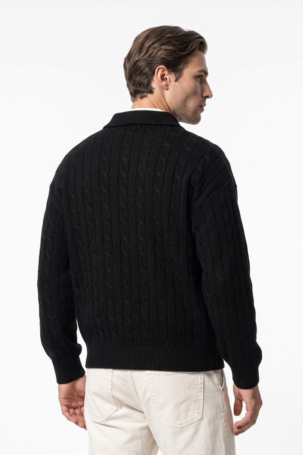 Men's Winter Warm Cable Knit Quarter Zip Polo Jumper