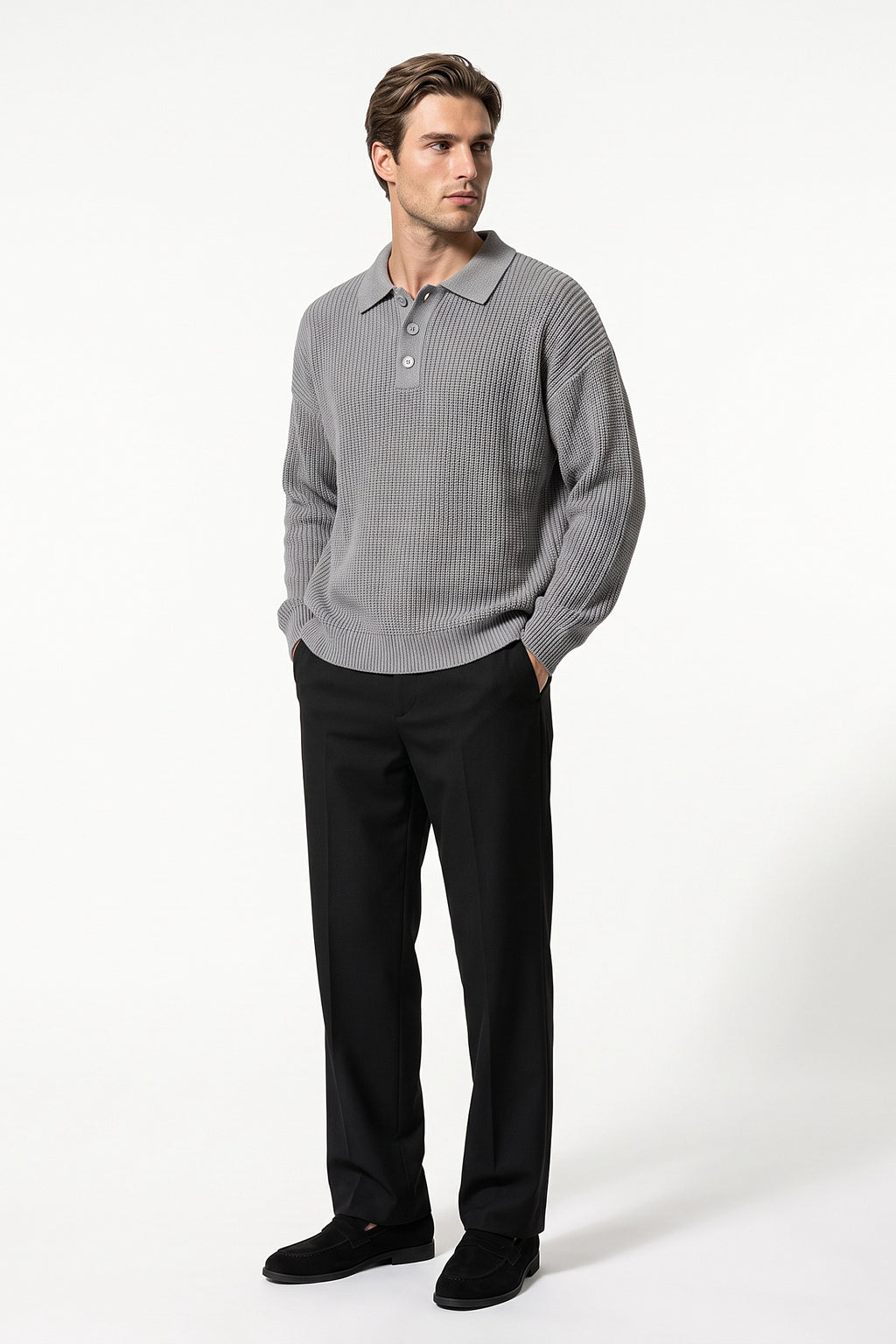 Men's Winter Warm Waffle Knit Polo Jumper Relaxed Fit