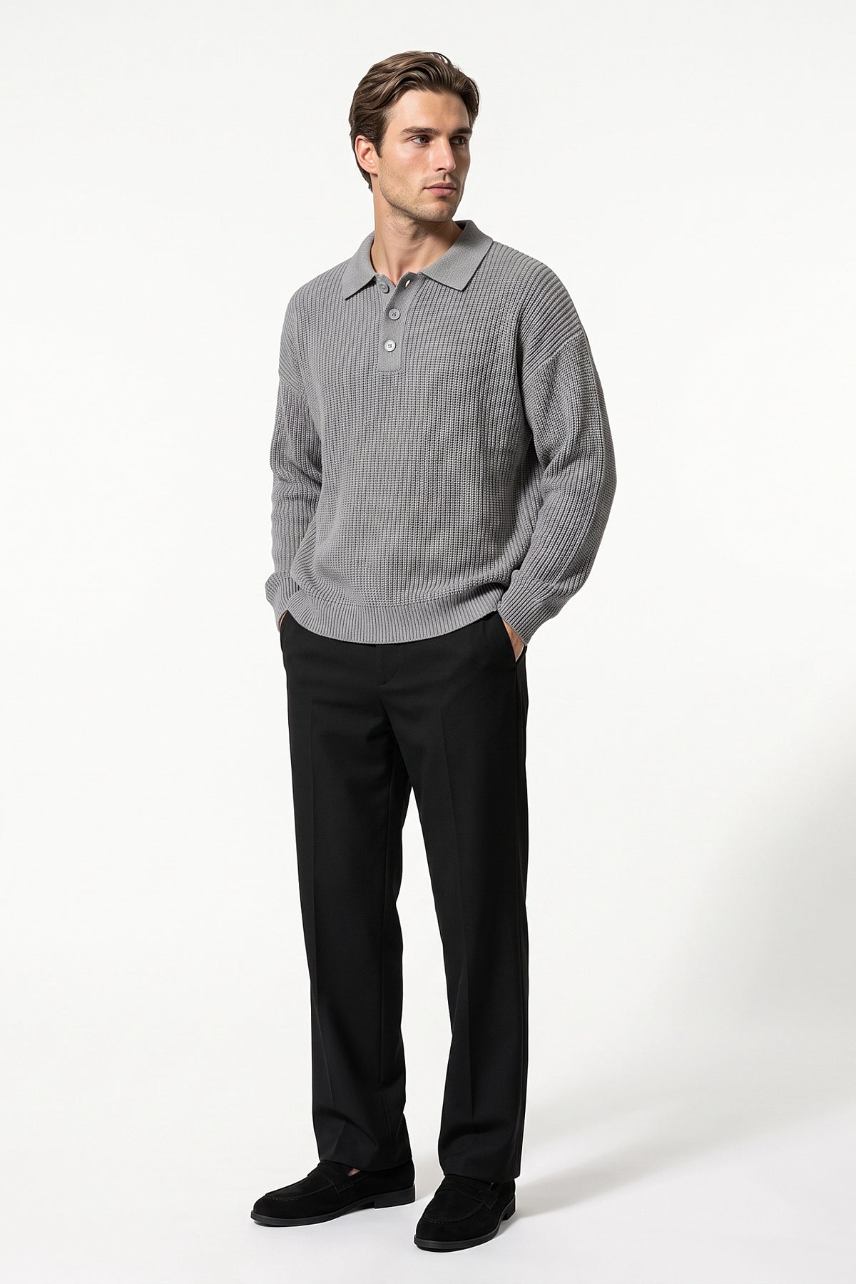 Men's Winter Warm Waffle Knit Polo Jumper Relaxed Fit
