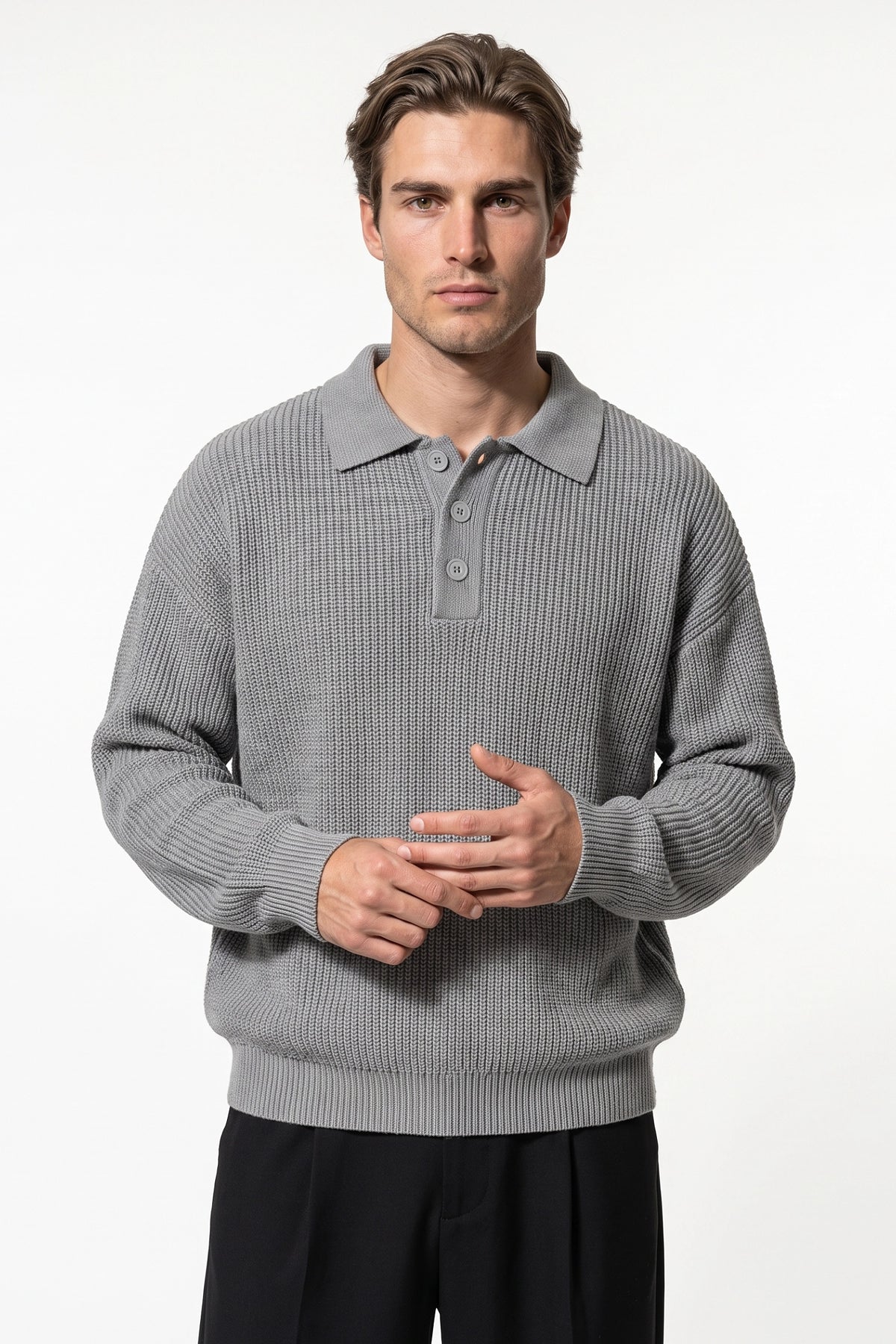 Men's Winter Warm Waffle Knit Polo Jumper Relaxed Fit
