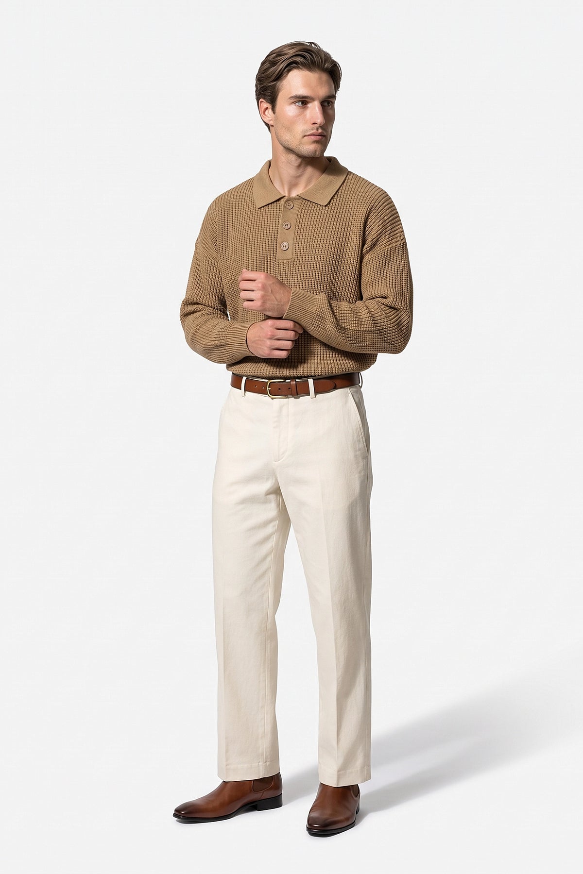 Men's Winter Warm Waffle Knit Polo Jumper Relaxed Fit