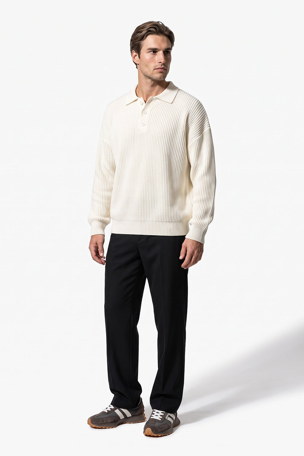 Men's Winter Warm Waffle Knit Polo Jumper Relaxed Fit