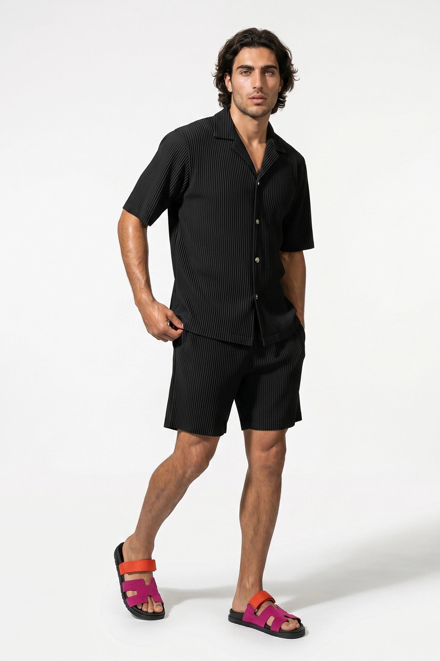 Men's Ribbed Knit Resort Shirt and Shorts set with Camp Collar