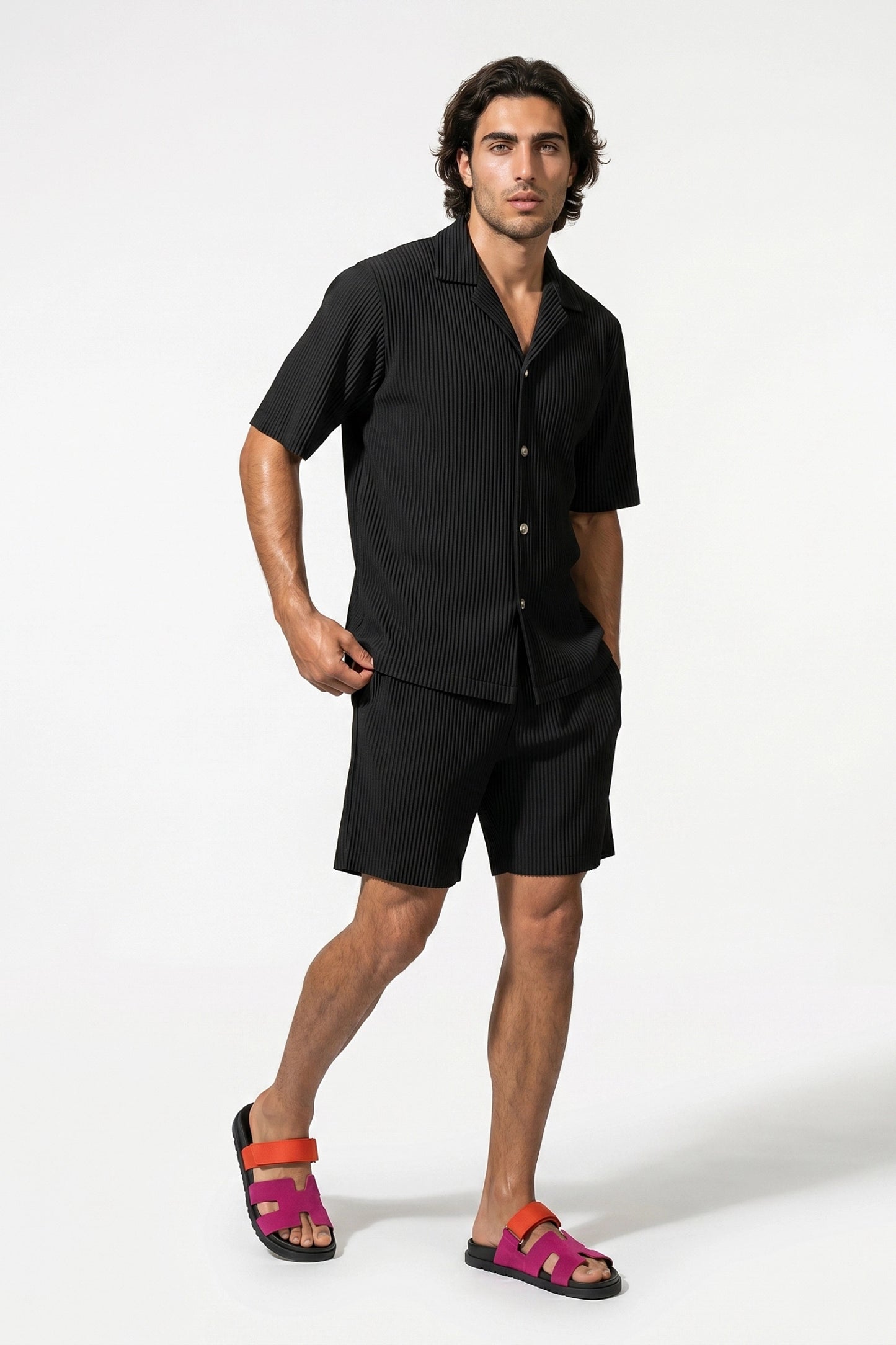 Men's Ribbed Knit Resort Shirt and Shorts set with Camp Collar