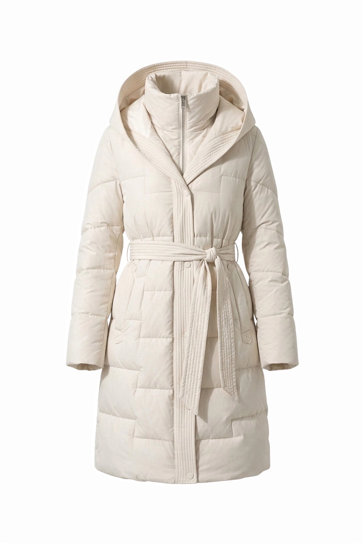 Women's Winter Warm Longline Puffer Coat with Hood and Waist Belt