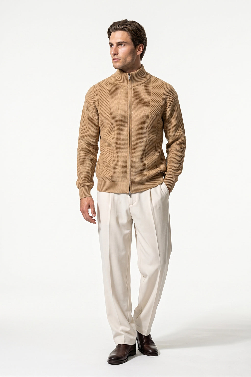 Men’s Winter Warm Textured Knitted Cardigan Stand Collar Full Zip