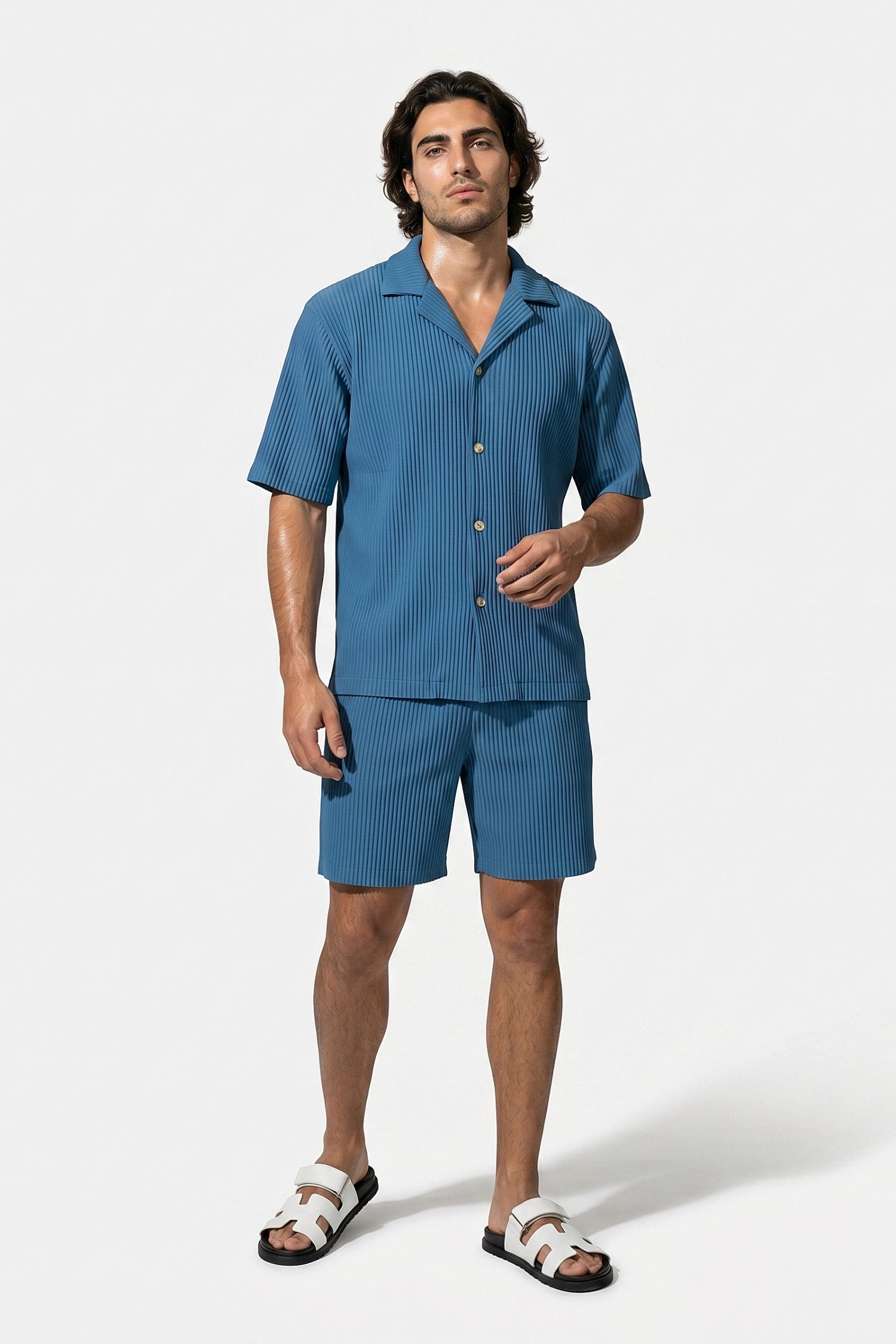 Men's Ribbed Knit Resort Shirt and Shorts set with Camp Collar