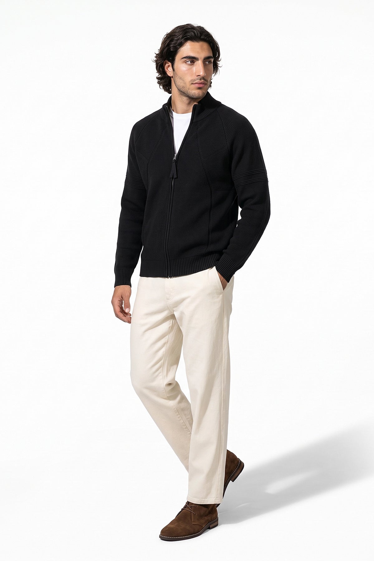 Men's Winter Warm Knitted Cardigan with Full Zip and Stand Collar
