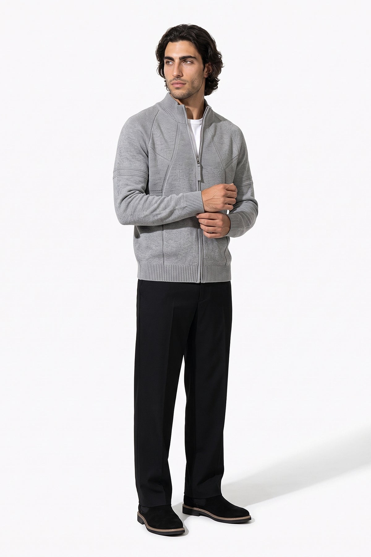 Men's Winter Warm Knitted Cardigan with Full Zip and Stand Collar