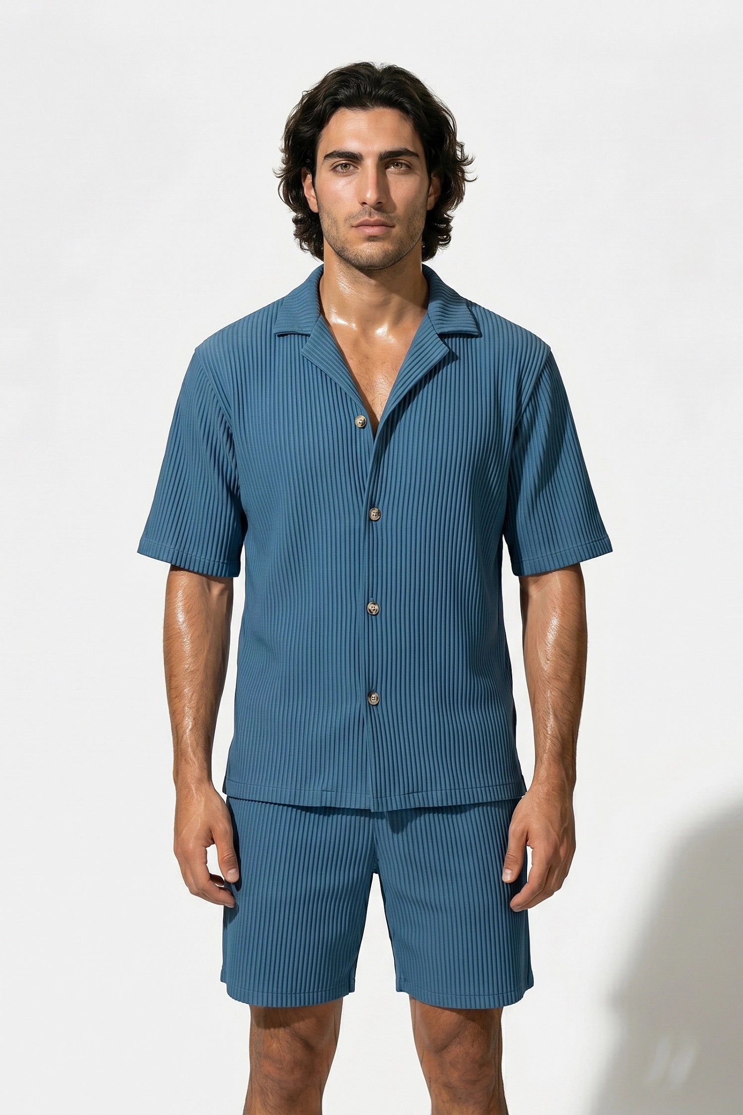 Men's Ribbed Knit Resort Shirt and Shorts set with Camp Collar