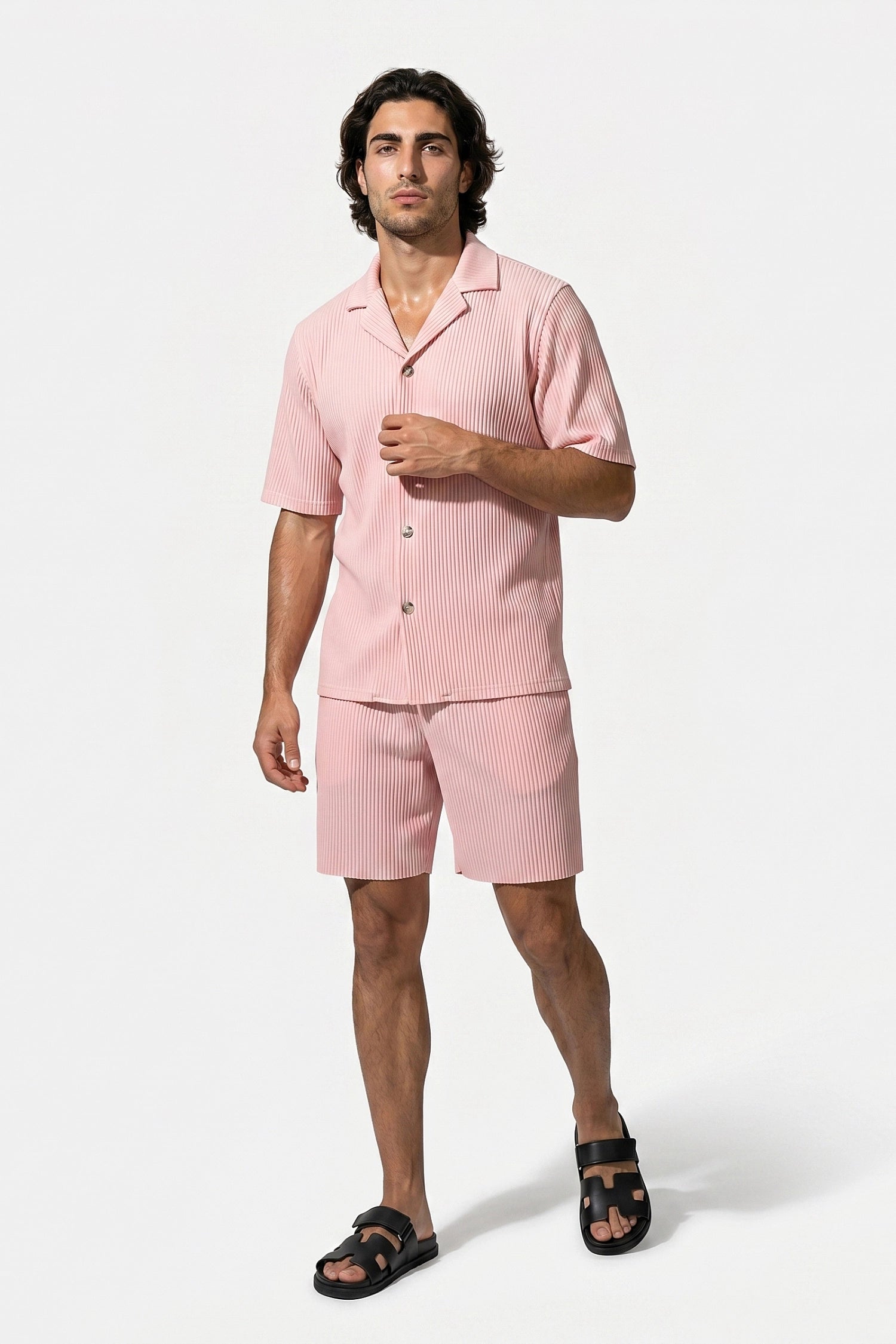 Men's Ribbed Knit Resort Shirt and Shorts set with Camp Collar