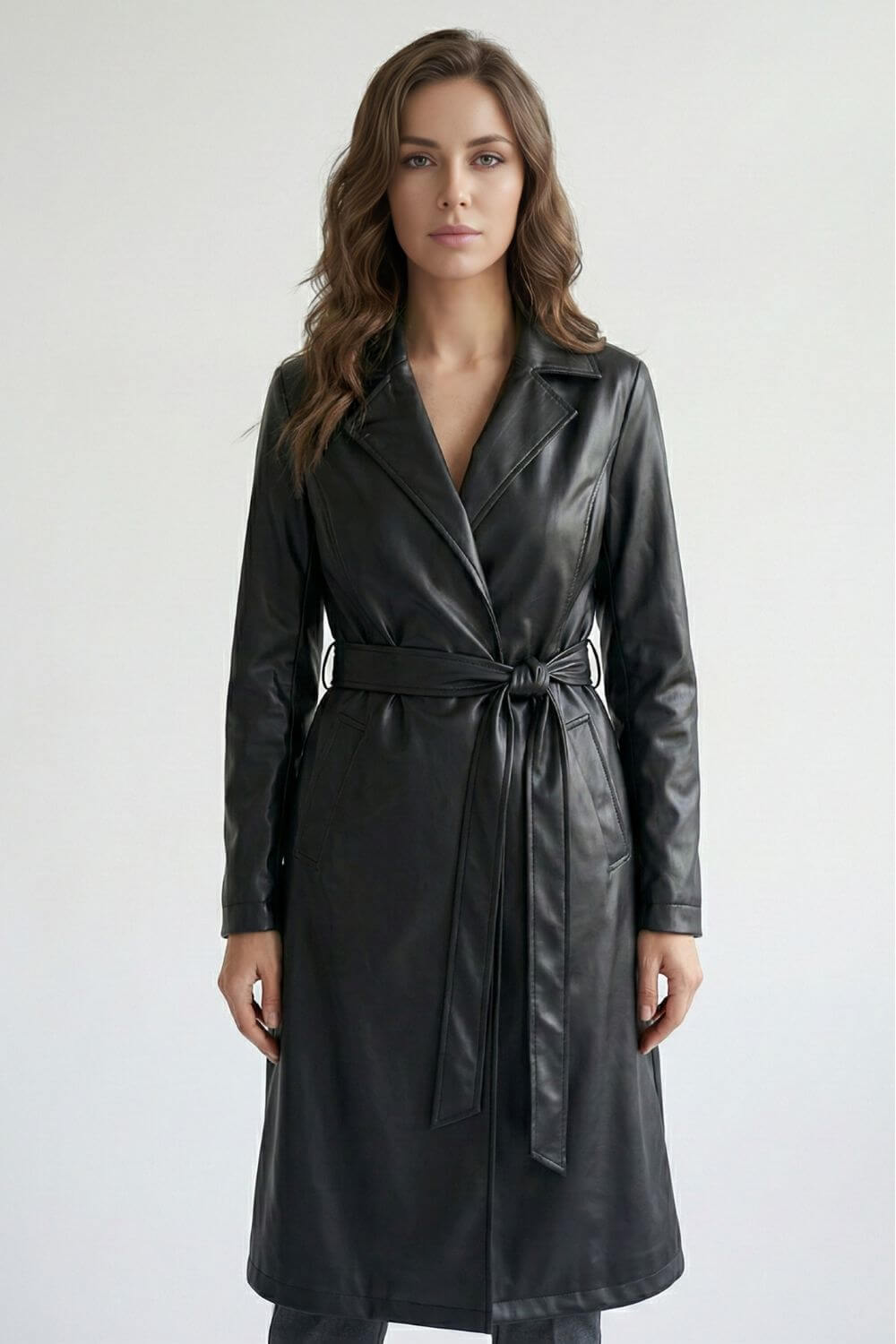 Caurelle | Women’s Black Faux Leather Long Coat with Belt