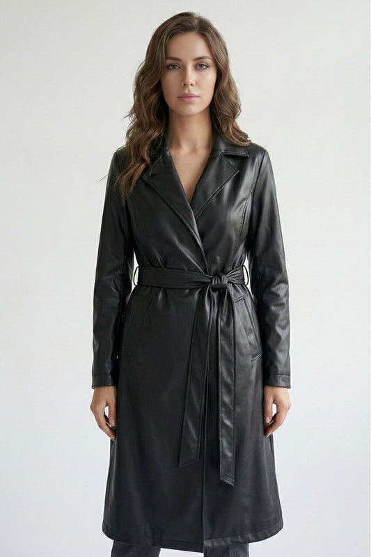 Caurelle | Women’s Black Faux Leather Long Coat with Belt