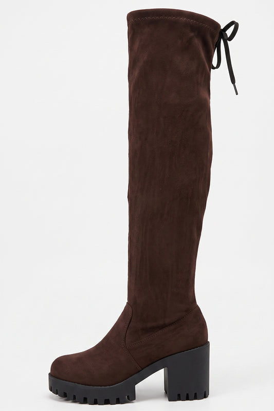 Women’s Winter Chunky Suede Knee High Boots with Drawstring